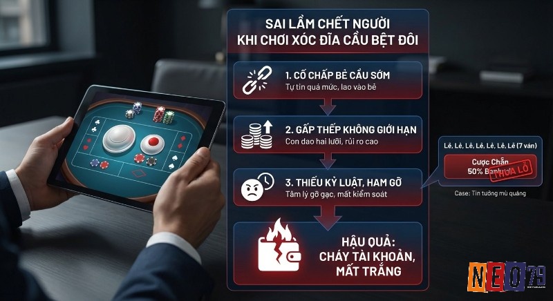 Sơ đồ minh họa các sai lầm nguy hiểm khi chơi Xóc Đĩa cầu bệt đôi – ví dụ trường hợp đặt Chẵn và thua 50% bankroll sau chuỗi 7 ván Lẻ