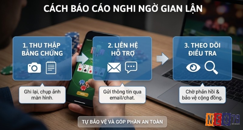 Quy trình 3 bước báo cáo nghi ngờ gian lận giúp người chơi tự bảo vệ, gồm thu thập bằng chứng, liên hệ hỗ trợ và theo dõi điều tra