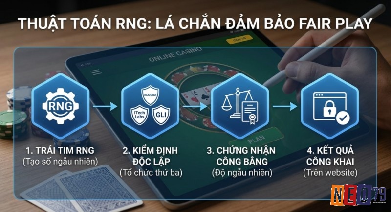 Quy trình 4 bước nhà cái đảm bảo fair play với thuật toán RNG được kiểm định bởi eCOGRA, iTech Labs, GLI và công khai kết quả