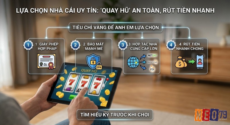 Hướng dẫn 4 tiêu chí chọn nhà cái uy tín để quay hũ an toàn, rút tiền nhanh chóng: giấy phép, bảo mật, đối tác lớn và tốc độ giao dịch