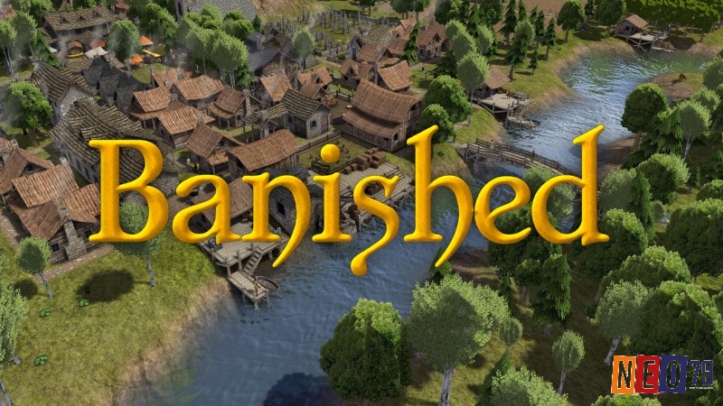 Hình ảnh ngôi làng nhỏ với nhà gỗ và người dân trong game Banished