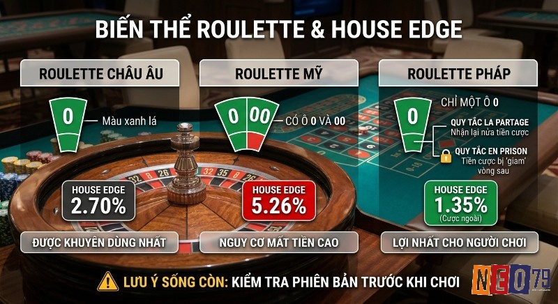 Bảng so sánh biến thể Roulette (Châu Âu 2.70%, Mỹ 5.26%, Pháp 1.35% với quy tắc đặc biệt), cách chọn để tối ưu lợi nhuận