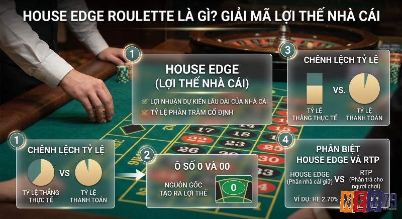 Giải thích House edge roulette là gì, lợi thế nhà cái từ ô 0/00, so sánh tỷ lệ thắng thực tế, thanh toán và phân biệt HE với RTP