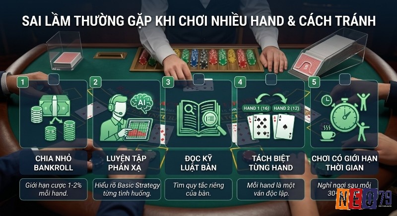 Quy trình 5 bước để tránh sai lầm khi chơi nhiều hand Blackjack, tập trung vào quản lý vốn, chiến thuật và thời gian