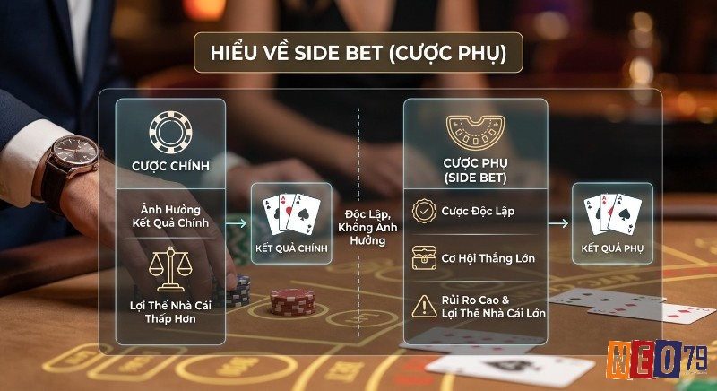 Sơ đồ so sánh Side Bet là gì (cược phụ) và cược chính trong casino, làm rõ tính độc lập, rủi ro cao và lợi thế nhà cái lớn của cược phụ