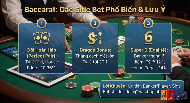Tổng quan các side bet nào phổ biến nhất như Perfect Pair, Dragon Bonus, Super 6, phân tích tỷ lệ và House Edge cùng lưu ý quan trọng