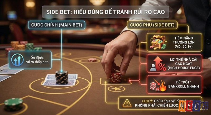 Biểu đồ so sánh cược chính và Side Bet: hiểu đúng rủi ro cao, lợi thế nhà cái lớn để tránh tiền mất tật mang