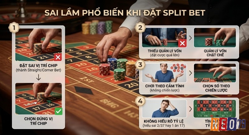 Hướng dẫn tránh 4 sai lầm, phổ biến khi đặt Split bet, từ vị trí chip, quản lý vốn đến chiến lược chọn số và hiểu tỷ lệ
