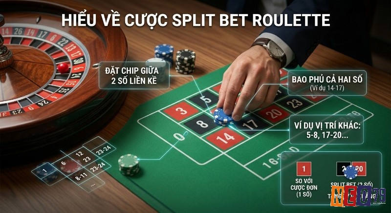Tổng quan cách đặt cược, Split bet là gì Roulette, đặt chip giữa 2 số liền kề, bao phủ hai số giúp tăng tỷ lệ thắng