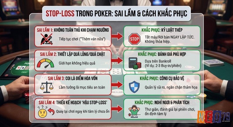Bảng tổng hợp các sai lầm, và cách khắc phục khi thiết lập Stop-loss trong Poker, từ việc tuân thủ đến quản lý bankroll