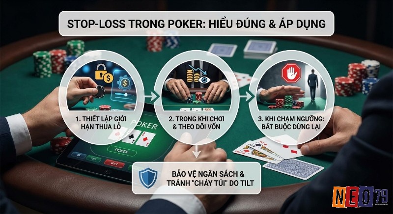 Quy trình 3 bước triển khai stop-loss trong Poker: thiết lập, theo dõi giới hạn thua lỗ và dừng chơi khi đạt ngưỡng, bảo vệ ngân sách