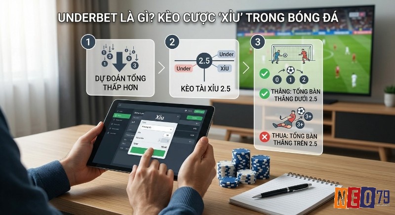 Quy trình 3 bước giải thích Underbet là gì và cách chơi kèo Xỉu 2.5, minh họa kết quả thắng thua