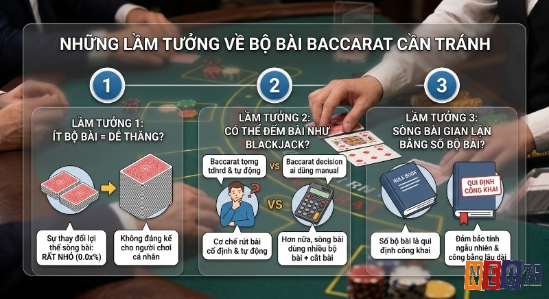 Bảng tổng hợp 3 lầm tưởng phổ biến về bộ bài & số bộ dùng trong baccarat, giúp người chơi hiểu đúng về luật chơi và cơ chế hoạt động