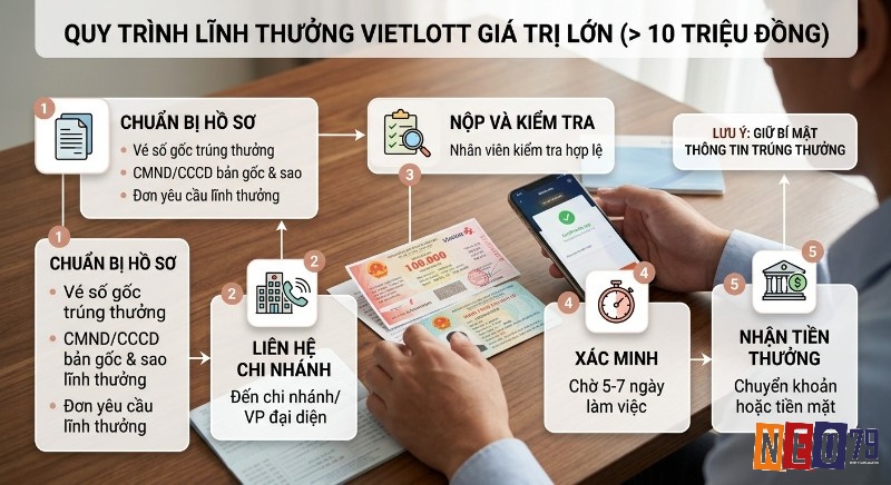 Quy trình 5 bước cách lĩnh thưởng vietlott giải giá trị lớn (>10 triệu đồng), hướng dẫn chi tiết chuẩn bị hồ sơ đến nhận thưởng