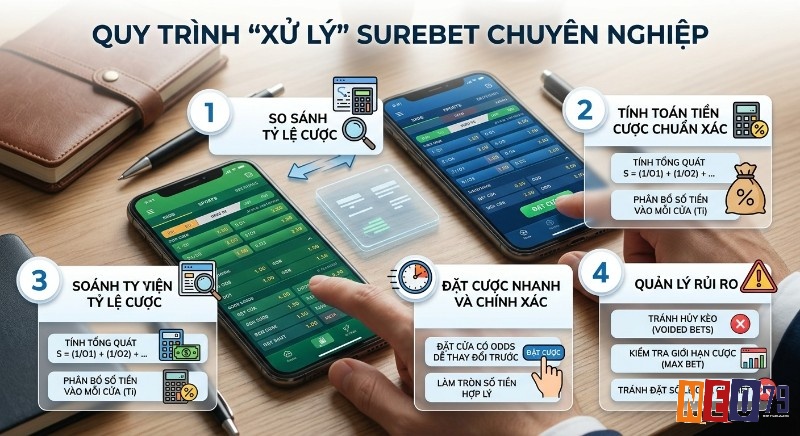 Chênh lệch odds và surebet là gì? Quy trình 4 bước xử lý Surebet chuyên nghiệp từ so sánh tỷ lệ, tính toán, đặt cược nhanh đến quản lý rủi ro