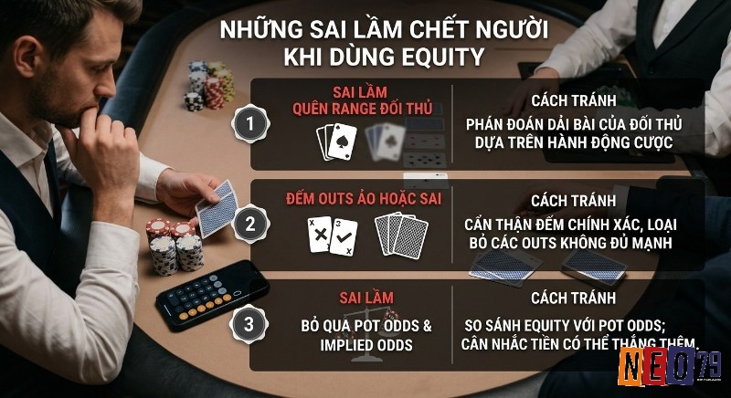 Hướng dẫn nhận biết và tránh 3 sai lầm chết người khi dùng Equity: quên range, đếm outs ảo, bỏ qua Pot Odds