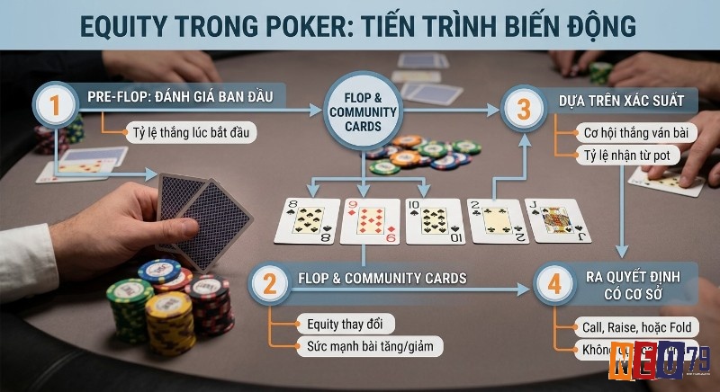Quy trình 4 bước xác định Equity là gì trong Poker: đánh giá cơ hội chiến thắng và ra quyết định dựa trên xác suất sau mỗi lá bài chung