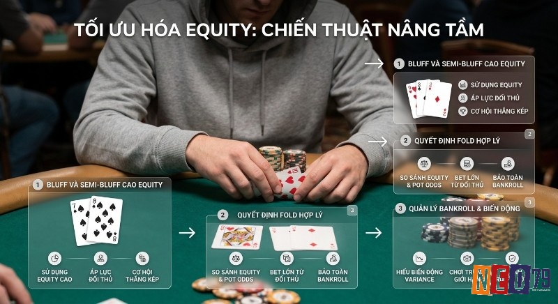 Tổng quan chiến lược tối ưu hóa Equity gồm 3 bước: bluff/semi-bluff, quyết định fold và quản lý bankroll hiệu quả để thắng lớn
