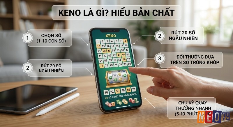 Bản chất trò chơi Keno được giải thích: chọn 1-10 số, rút 20 số ngẫu nhiên để đổi thưởng theo kết quả trùng khớp và chu kỳ quay nhanh trong keno là gì