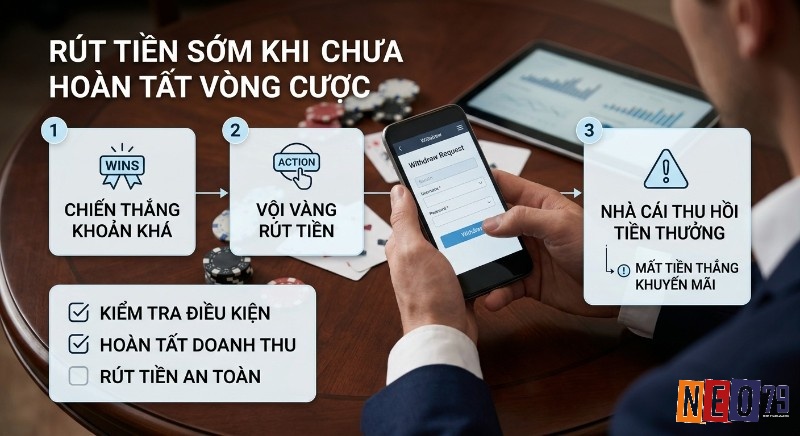 Quy trình cảnh báo 3 bước về lỗi vội vàng rút tiền khi chưa hoàn tất vòng cược, hướng dẫn kiểm tra điều kiện và hoàn tất doanh thu để rút tiền thưởng khuyến mãi casino trực tuyến an toàn