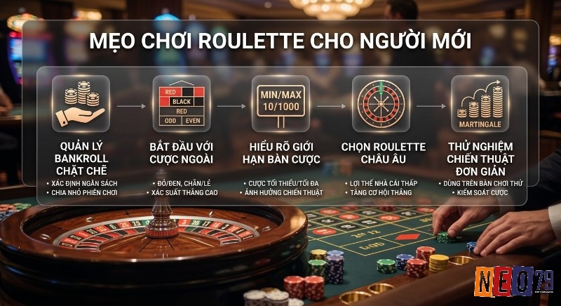 Quy trình 5 bước mẹo chơi Roulette cho người mới để tối ưu cơ hội thắng, từ quản lý ngân sách đến chọn bàn Châu Âu và thử nghiệm chiến thuật đơn giản