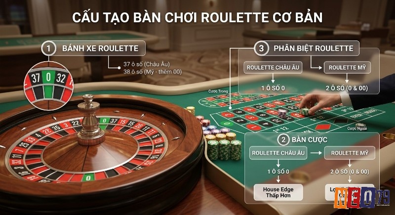 Sơ đồ cấu tạo bàn luật chơi roulette cơ bản cơ bản, phân biệt phiên bản Châu Âu (37 ô) và Mỹ (38 ô) kèm lợi thế nhà cái chi tiết