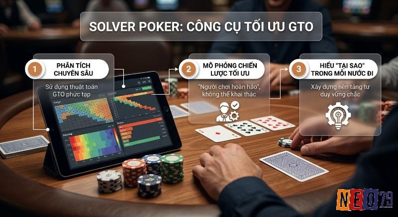 Tổng quan 3 khía cạnh của Solver Poker là gì, công cụ GTO giúp phân tích chuyên sâu, mô phỏng chiến lược tối ưu, xây dựng tư duy vững chắc