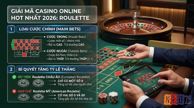 Roulette online: giải thích cược trong, cược ngoài, ưu tiên Roulette châu Âu một số 0, tránh Roulette Mỹ hai số 00, người chơi đặt chip
