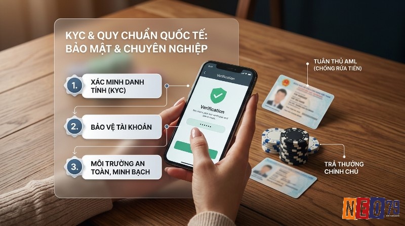 KYC và quy chuẩn quốc tế đảm bảo xác minh, bảo vệ tài khoản, tuân thủ AML. Điện thoại xác minh, CCCD, chip casino