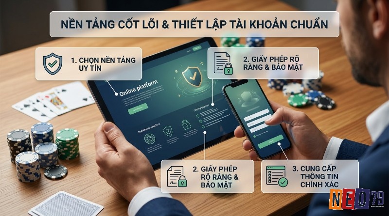 Nền tảng cốt lõi và thiết lập tài khoản chuẩn với 3 bước cách chơi casino trực tuyến: chọn uy tín, giấy phép rõ ràng, bảo mật, cung cấp thông tin chính xác