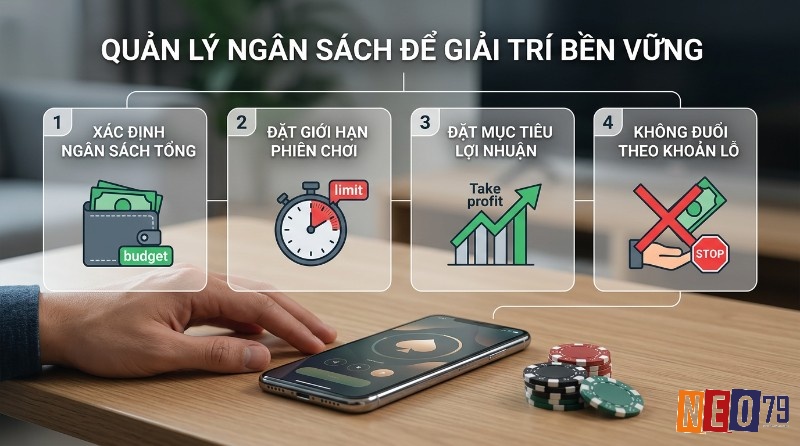 Quản lý ngân sách giải trí bền vững: xác định tổng, giới hạn phiên, mục tiêu lợi nhuận, không đuổi lỗ. Người chơi bài trên điện thoại với chip poker
