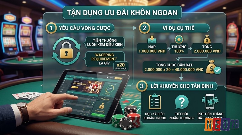 Tận dụng ưu đãi khôn ngoan: hiểu yêu cầu vòng cược x20, ví dụ nạp 1 triệu thưởng 100% thành 2 triệu, cần cược 40 triệu, lời khuyên đọc kỹ điều khoản