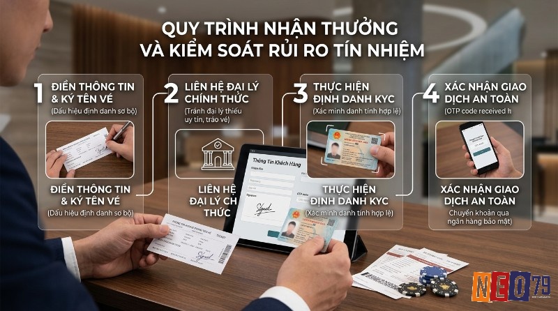 Quy trình nhận thưởng và kiểm soát rủi ro tín nhiệm với 4 bước: điền thông tin, liên hệ đại lý, định danh KYC, xác nhận giao dịch an toàn qua OTP và ngân hàng