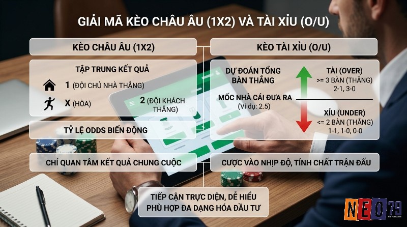 Giải mã kèo Châu Âu (1X2) và Tài Xỉu (O/U) với 1 (chủ nhà thắng), X (hòa), 2 (khách thắng); Tài (>=3 bàn), Xỉu (<=2 bàn) dựa mốc 2.5