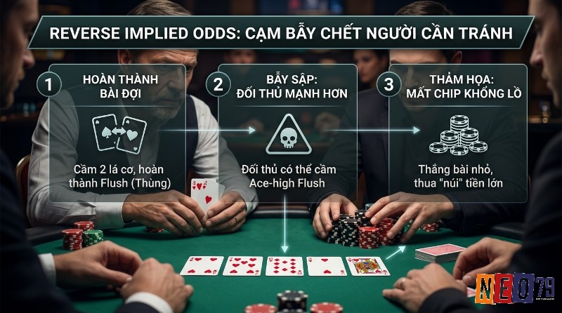 Reverse Implied Odds là gì: Người chơi poker hoàn thành Flush với 5 lá cơ nhưng đối thủ có Ace-high Flush, dẫn đến mất chip khổng lồ