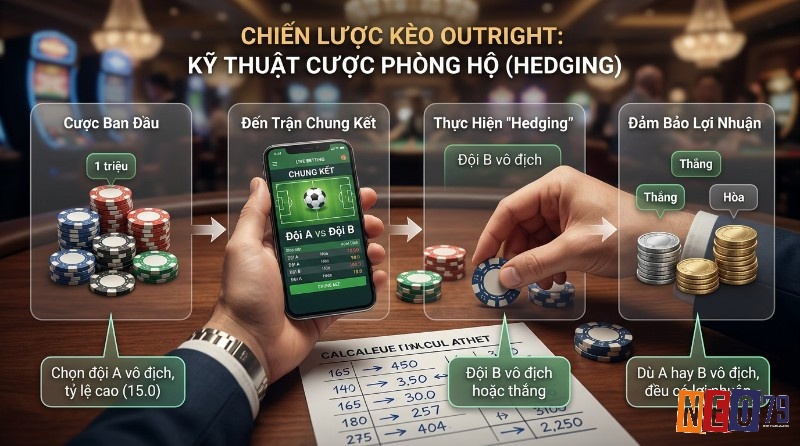 Kỹ thuật cược phòng hộ (hedging) kèo vô địch (outright) là gì, quy trình đặt 1 triệu vào đội A, sau đó hedging vào đội B trong trận chung kết để đảm bảo lợi nhuận