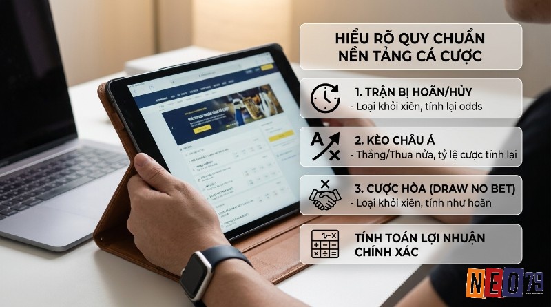 Hiểu rõ quy chuẩn nền tảng cá cược: trận hoãn/hủy loại khỏi xiên, kèo châu Á thắng/thua nửa tính lại tỷ lệ, cược hòa loại khỏi xiên giúp tính toán lợi nhuận chính xác