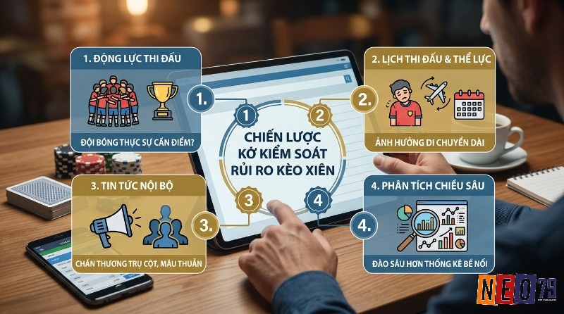 Chiến lược kiểm soát rủi ro kèo xiên với 4 bước: động lực thi đấu, lịch thi đấu & thể lực, tin tức nội bộ, phân tích chiều sâu