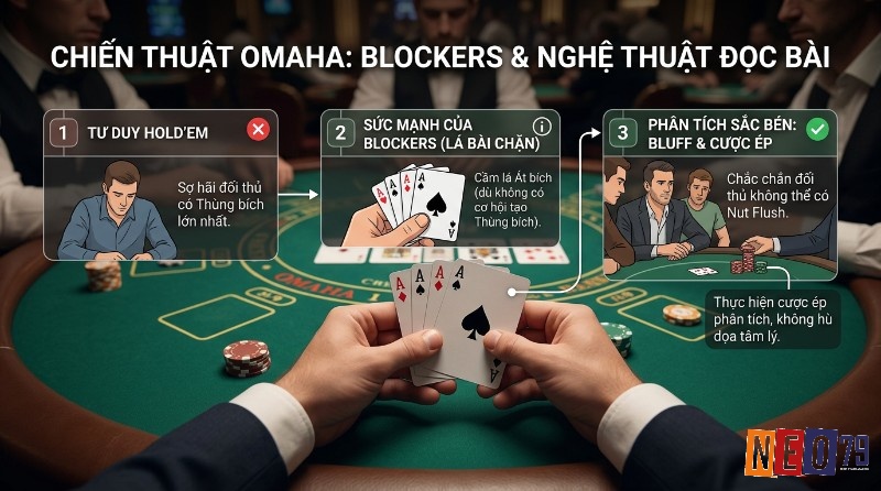 Chiến thuật Omaha: Từ tư duy Hold'em lo sợ Nut Flush đến sức mạnh Blockers với 4 lá Át (A♠, A♥, A♦, A♣) trên tay, giúp phân tích sắc bén để cược ép
