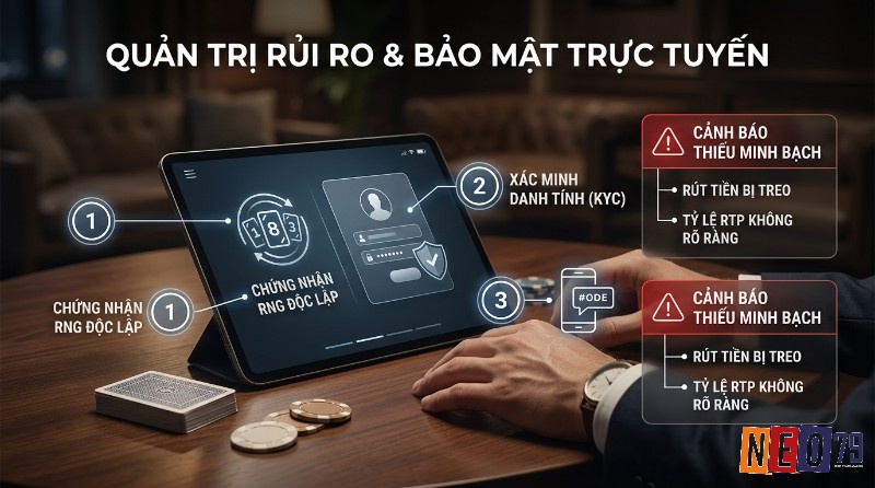 Quản trị rủi ro và bảo mật trực tuyến với chứng nhận RNG độc lập, xác minh danh tính KYC, OTP, cảnh báo rút tiền treo, RTP không rõ ràng
