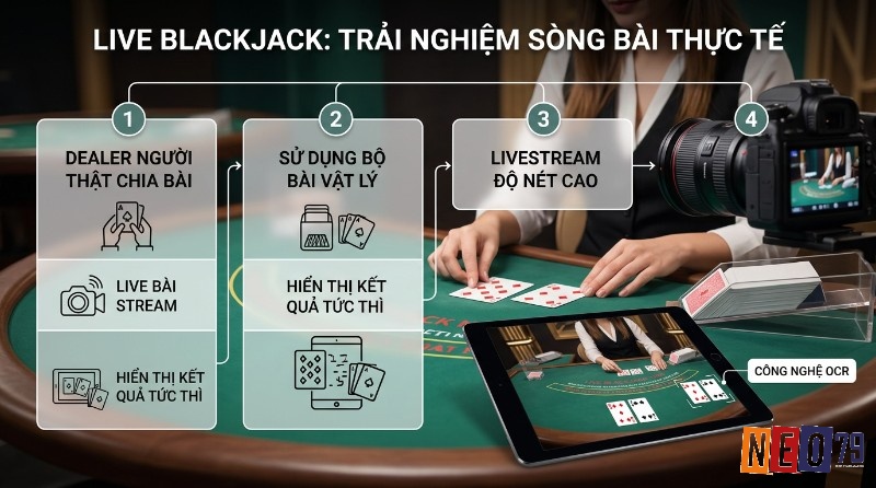 Live blackjack là gì: dealer thật chia bài, bộ bài vật lý, livestream độ nét cao, công nghệ OCR quét bài hiển thị trên máy tính bảng