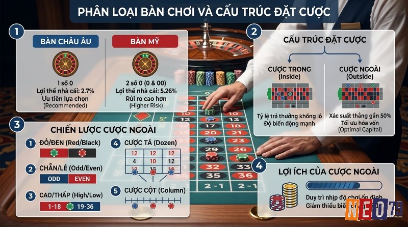 Phân loại bàn chơi và cấu trúc đặt cược live roulette là gì: Bàn Châu Âu (1 số 0, lợi thế nhà cái 2.7%) và bàn Mỹ (2 số 0, 5.26%). Cược ngoài như Đỏ/Đen, Chẵn/Lẻ giúp ổn định vốn
