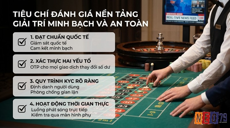 Đánh giá nền tảng giải trí minh bạch an toàn: chuẩn quốc tế, xác thực OTP, KYC, hoạt động thời gian thực với người chia bài đặt chip trên bàn roulette và màn hình CNN