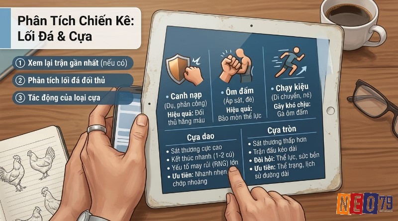 Phân tích kèo đá gà, qua 3 bước: xem trận, lối đá (Canh nạp, Ôm đấm, Chạy kiệu) và tác động cựa (dao sát thương cao, tròn sức bền)