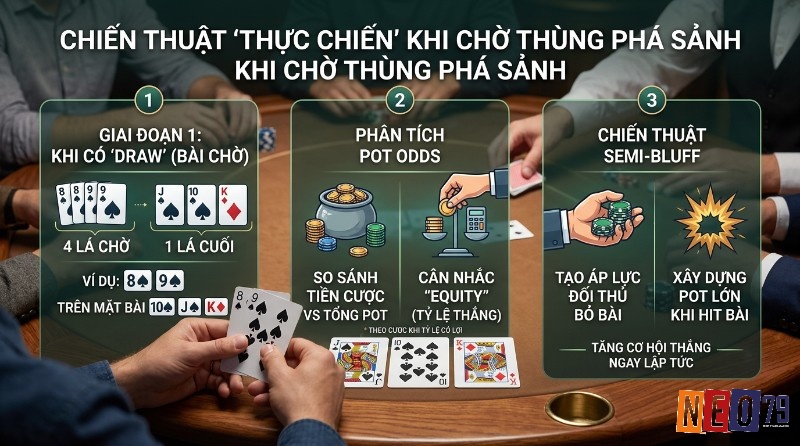 Chiến thuật chơi poker khi chờ Thùng phá sảnh là gì: Bài chờ 8♠️ 9♠️, bàn 10♠️ J♠️ K♦️, phân tích Pot Odds, Equity, và Semi-Bluff để tạo áp lực, xây dựng pot