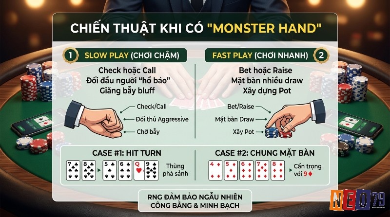 Chiến thuật Poker với Thùng phá sảnh,: Slow play bẫy đối thủ, Fast play xây pot. Gồm Thùng phá sảnh turn và cảnh báo Thùng phá sảnh chung mặt bàn, cẩn trọng 9♦️
