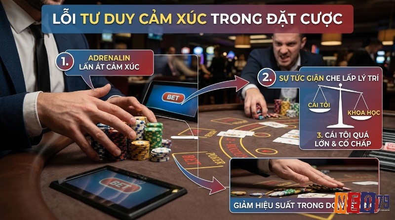 Lỗi tư duy cảm xúc trong đặt cược: adrenalin lấn át cảm xúc, sự tức giận che lấp lý trí, cái tôi quá lớn dẫn đến giảm hiệu suất trong downswing