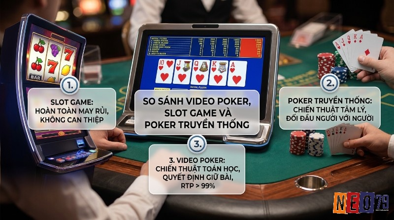 So sánh Video Poker, Slot Game và Poker truyền thống qua máy slot may rủi, màn hình video poker Royal Flush RTP > 99%, và bài poker chiến thuật tâm lý