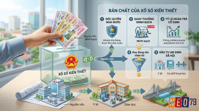 Bản chất xổ số kiến thiết là gì huy động vốn nhàn rỗi, đóng góp ngân sách xây dựng y tế, giáo dục, hạ tầng xã hội qua độc quyền nhà nước, quay thưởng minh bạch, tỷ lệ hoàn trả cố định 25%