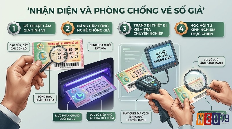 Nhận diện và phòng chống vé số giả qua kiểm tra cạo sửa, mực phản quang UV, mã vạch bằng máy quét, soi dưới ánh sáng mạnh